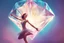 Placeholder: inside of a huge diamond a beautiful brunette woman dancing happily and dynamically, the diamond is in the opened palm of God, S<AI in sunshine, ethereal, cinematic postprocessing, shiny metallic pastel watercolor