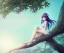 Placeholder: a detailed illustration of a anime girl sitting on a tree branch, luminescent body, glinting spread wings, realistic, soft and smooth glowing wings, soft feathers, macro lens, sharp focus, meticulously detailed, soft studio lighting, smooth blurred gradient evening sky background, 64k