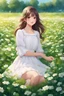 Placeholder: a girl in a white dress sitting in a field of clovers, portrait of girl in flower field, girl sitting in a flower field, girl standing in flower field, realistic cute girl painting, girl frontal in a flower field, in a grassy field, sitting in a field of flowers, cute anime girl portrait, portrait anime girl, girl standing in a flower field