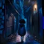 Placeholder: A woman with dark brown skin and black hair walks through an alleyway with deformed fuzzy buildings, dark blue, magic, sparkle, fantasy