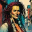 Placeholder: create an imaginative aged female, ornately dressed Turkish pirate queen with finely detailed facial features, short dreadlock hair, in the backstreets of Istanbul, in the comic book art style of Bill Sienkiewicz, Mike Mignola, and Jean Giraud Moebius, finely textured, drawn, colored, and inked