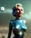 Placeholder: Ultra Realistic retro sci-fi 1960 scene, waist up view portrait, blonde woman, sweet young Marilyn Monroe face, perfect iris, tight latex coat, alien planet background, tight style, steel sphere dron levitating, fog, rain, soft color, highly detailed, unreal engine 5, ray tracing, RTX, lumen lighting, ultra detail, volumetric lighting, 3d, finely drawn, high definition, high resolution.