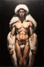 Placeholder: master piece oil painting of the first ultimate skinny god of boobs in a spotlight wearing fur