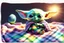 Placeholder: Cute happy Baby Yoda sits on a colourful plaid fleece blanket and plays with tiny floating phosphorescent planets in the sunlight