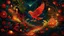 Placeholder: Night Magical slavic garden with lush greenery and a beautiful stone winding path. There is only one creature the Firebird. The feathers of the Firebird are vibrant red, orange, and gold, each one glowing with an otherworldly brilliance.