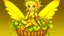 Placeholder: Fantasy art: A small, cute, cheerful fairy with golden hair, sitting in a small basket. The basket is actually an earring on the ear of a big giant.