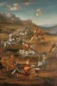 Placeholder: detailed oil painting, renaissance style, of mounted knights galloping across an open field, swords in hand, mountains in distance