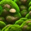 Placeholder: microphotography mushroom growing in a mossy dense lush green woods, high definition, detail, HD, 8k, realistic, 3d rendering, blender, photography, fisheye, bulge, tilt shift blur