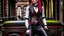 Placeholder: body portrait of a woman with straight shoulder-length red hair, with metal arms and legs, dressed in leather trousers, and a waistcoat, in a Victorian street next to a steampunk carriage, full colour