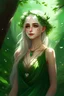 Placeholder: Elf girl, beautiful, leaf and mountain ash crown, white hair, green eyes, in the forest, green dress