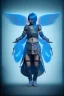 Placeholder: a person in runic armor with blue wings, blue short hair, runic tattoo and spell book