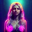 Placeholder: Shakira, artist, 30 years old, Realistic image, waist up portrait, etro style dress. Blonde, feathers, loose long hair, eyes make up, perfect, glow, circle iris. Neon colors, leds, geometric shapes. Dark background, photo studio, neon lights. Cyberpunk, concept art, smooth, unreal engine 5, god lights, ray tracing, RTX, lumen lighting, ultra detail, volumetric lighting, 3d, finely drawn, high definition, 4k.