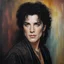 Placeholder: facial portrait, Paul Stanley/Ray Stevenson/Elvis Presley/Thomas Jane/Dolph Lundgren/Jon Bernthal/Jeffery Dean Morgan as a beautiful black-haired female vampire, dark, multicolored watercolor stained wall in the background, oil painting in the art style of Gilbert Stuart, 32k UHD, Hyper realistic, photorealistic, realistic, sharp, highly detailed, professional quality, beautiful, awesome, majestic, superb, trending on artstation