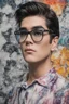 Placeholder: Elvis Presley, Lucy Hale Hybrid, thick, black framed, dark tinted, cat-eye eyeglasses, 4k UHD, photorealistic, bright, extremely colorful, multicolored, foggy, gradated marble wall background, extremely detailed skin texture,