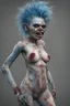 Placeholder: an ugly deformed abomination of an extremely anorexic fat girl with an amputated arm and an amputated leg and really funky blue hair, she looks like a zombified corpse, 4k UHD, ultra-realistic, photorealistic, extremely detailed,