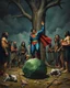 Placeholder: Bosch painting style ,nightmare, a group of people from the Stone Age gathering around a Superman and tied him on a tree, a green krypton stone on the ground infront of him