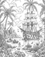 Placeholder: Pirates of the Caribbean: Skull Island Jungle Exploration Coloring Page: Create an intricate coloring page capturing the essence of Skull Island's dense jungle from the Pirates of the Caribbean movie. Depict towering trees, winding hidden paths, and exotic wild animals awaiting vibrant interpretations. Integrate iconic elements like the Black Pearl sailing on the horizon or discreetly placed treasure chests, inviting enthusiasts to bring this adventurous scene to life with their black and white