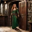 Placeholder: [high res photo by Ray Harryhausen, in the room of a tavern of middle earth] Minutes pass, and you hear footsteps approaching. The door creaks open, a woman enters. She's tall and statuesque, with long auburn hair and piercing green eyes. Her fine clothes mark her as a woman of means, and her demeanor suggests a mix of nervousness and intense desire.