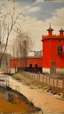 Placeholder: An orange colored marshland near an iron fortress painted by Maurice Utrillo