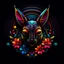 Placeholder: logo design, complex, trippy, bunchy, 3d lighting, 3d, kangaroo, realistic head, colorful, floral, flowers, cut out, modern, symmetrical, center, abstract, circular shape, black background, texture, high detail