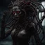 Placeholder: Demonic mechanical creepy aggressive necrophage zombie undead girl with scary red eyes, in a spiky mechanical suit with tubes, dark fantasy horror, Filigree, Aesthetically pleasing, Realistic, Professional photo, 4k, hight resolution, higly detailed, 30mm lens, 1/250s, f/2.8, ISO 100