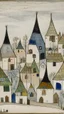 Placeholder: A white simple village with eyes designed in medieval tapestry painted by Paul Klee