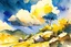 Placeholder: Landscape with Sunny day, clouds, mountains, rocks, watercolor paintings