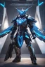 Placeholder: neon blue, flying parts of armor in form of triangles, cyber armor, geometric patterns on armor, male, orbiting triangle, armor drones