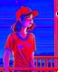 Placeholder: woman with a red baseball hat. leaning on a wooden balcony. night time. fantasy. cartoon. studio lightining.