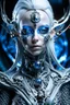 Placeholder: A beautiful alien with big eyes and small nose and mouth wearing a bioluminescense bright white crystal zafír biomechanical silver metallic hair , wearing biomechanical amalgamation style leather jacket dress ribbed with silver floral metallic filigree biomechanical vantablack pattern, organic bio spinal ribbed detail of gothic winter backround extremely detailed maximalist hyperrealistic portrait art
