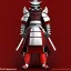 Placeholder: Chat, Modélisme trois dimensions, anthropomorphique, habillé comme un samurai, armure rouge et argent très détaillée, réalisme