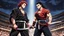 Placeholder: yujiro hanma vs yoriichi tsugukuni, baki vs kimetsu no yaiba, two mans standing in front of each other, a big strong man in black shirt with red hair and evil grin in martial art's stance with bare fists facing a smaller feminine swordsman with long hair and calm face reaching for his sword in traditional japanese clothes both preparing to fight each other