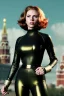 Placeholder: retro portrait image from 1960, Moscow background, wind, long red hair, fighting stance, sweet young Scarlett Johansson, classic tight lycra black suit, weapon, gold bracelet and belt, high heel boots, soft color, highly detailed, unreal engine 5, ray tracing, RTX, lumen lighting, ultra detail, volumetric lighting, 3d, finely drawn, high definition, high resolution.