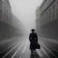 Placeholder: a man wearing a trench coat and hat walking down the street of london, lots of fog, dramatic, dramatic lighting, volumetric lighting, hyperrealism, 8k, high quality, photorealistic, lot of details