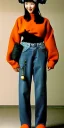 Placeholder: Korean, beautiful woman, black hair. thick thigh, thick calves. Style futurism, 1990's, rough street style.Mantle is sewed of recycled Denim and sewed together red felt pieces.Big headphones, with gold rings, is merged with small felt cap with small visor. A bag is integrated to the mantle. Patterns are composed of orange, cream, blue, lilac and purple. blue latex somewhere. It is with big bright purple felt tippet and cream-colored-hood. mantle is merged with tippet.