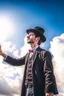 Placeholder: man magician looking at the sky changing the weather sunny day