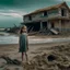 Placeholder: a young girl stands gloomy on a broken seashore behind there are fragments of a house