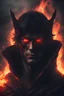 Placeholder: a close up of a dark hero with red eyes staring into a fire that once was something that mattered to him, hes facing away from the camera