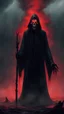 Placeholder: In the center stands a gigantic tall creepy figure in a black robe with a face resembling a skull, with glowing red eyes, surrounded by acrid red fog, in his bony hands a staff, a rainy dark night, black gloomy clouds, thick black fog, an eerie reigning atmosphere of violent horror, cinematic style