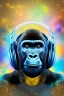 Placeholder: action shot of a Gorilla with headphone mixing two CDs with big Dj controller, Fractal art, tshirt vector, enclosed in a rectangle, vivid colours, sunshine, contour, white background