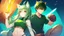 Placeholder: Girl, 2boy ,wolf muzzle, long green hair, green wolf ears,2 wolf tail, open navel, short blue shirt,animal tail, animal paws, wolf paws hand, orange eyes, sword, animal fur on feet