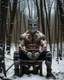 Placeholder: man sitting on a throne in a relaxed laid back style, middle of a snowy forest, muscular athletic physique, wearing a ancient iron carved face mask over face,