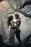 Placeholder: Multiple entanglements between a twisted thin piece of cloth as part of many twisted and spiraling branches disappearing into the distant mist, epic photo, 2 beautiful lovers are embracing, stunning tattoos that intwine with eachothers tattoos,sharp on highly detailed skin with wrinkles and high contrast, photorealistic, explosion of extacy,4K, 3D, realism, hyperrealism, detail, good lighting, detailed texture, modern photography style, 3D, 4D, 4K