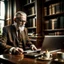 Placeholder: An old man in a classic suit is using a laptop in a modern library with a coffee cup cat and a vase