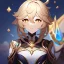 Placeholder: Genshin woman, Clear Focus High resolution, Calm Background, Light skinned woman, Brown short beatiful hair, Yellow sparkling eyes, Very Beatiful Face, Splash art