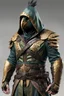 Placeholder: video game character costume inspired by a Kea parrot and Assassin's Creed aesthetic. bird-themed mask protects face. The metallic elements should be in bronzed gold tones. The design should introduce tinted tinted green and blue transitional colors from the bronzed gold to olive color scheme. The hood should have a matte black beak-like tip, exaggerated in shape. character wielding matte black karambit. overall finish should be foresty, wintery, and weathered.