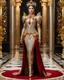 Placeholder: Photography full body The beautiful queen stands in a luxurious palace, wearing luxury clothes, luxurious armor designs, made of gold metal plate, metal craft with luminous diamond glitter, on the outer surface of the luxury jewelry decoration very small diamond stones, heart shape red diamond stones, colored decorations Black leaves and small rose flower decorations are combined, emitting light, golden background