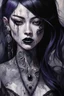 Placeholder: painting of a woman with dark purple-black long hair and black tattoos on her body, a cold, indifferent expression, silver and black onyx jewelry, black lace dress, cybernetics, crepy stunning anthropomorphic female, Minjae Lee vibe, cbybernetic and etheral human, ancient deity, by Vincent Lefevre and Yoshitaka Amano