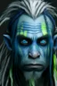 Placeholder: A tieffelin with blue skin and white Dreadlock hair. His pupil-less eyes are green. He wears a small beard.