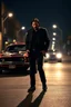 Placeholder: Ultra realistic photo, John Wick, standing tall in the shadows of a 1969 Ford Mustang Boss 429, his face illuminated by the streetlights., HOF, captured with professional DSLR camera ,8k, ultra detailed, colourfooll